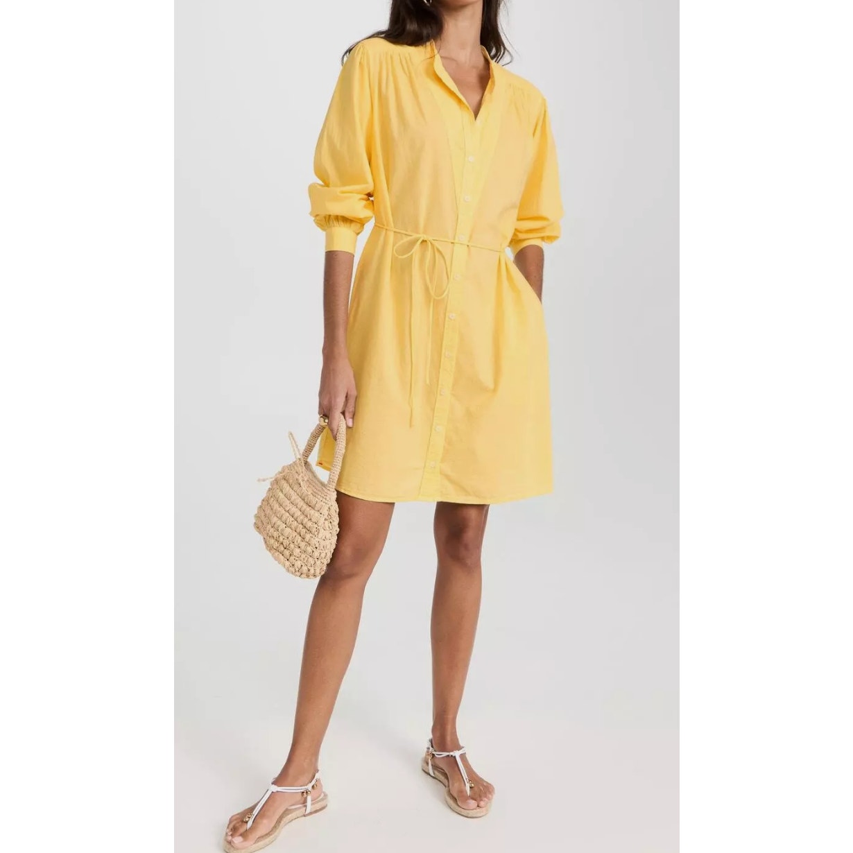 Xirena Winnie Mini Shirt Dress Pockets Long Sleeve Tunic Spring Summer Yellow Xs